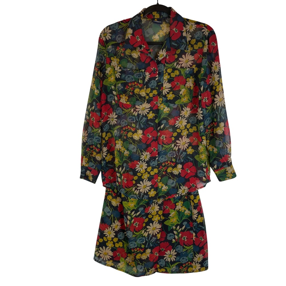 Lizsport Floral Shirt and Skirt Set Womens Small 4 Navy Sheer Two Piece Vintage